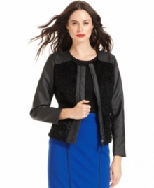 Mixed faux leather and faux fur details give this Alfani jacket an edgy-chic feel.