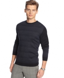 Understated style with a subtle striped pattern. Calvin Klein's classic crew neck sweater pairs seamlessly with favorite pieces from your existing closet.