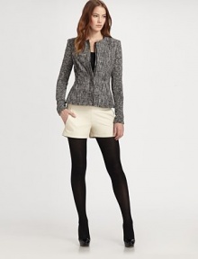 Collarless jacket in a lightweight tweed with a front zipper and tailored fit. JewelneckLong sleevesFront zipperFully linedAbout 24 from shoulder to hem56% cotton/20% acrylic/10% polyester/10% viscose/4% nylonDry cleanImported of Italian fabricModel shown is 5'10 (177cm) wearing US size 2.