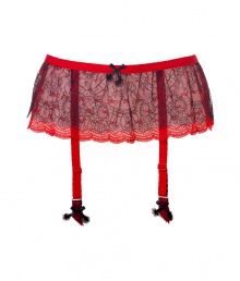 Turn up the heat to red hot with this ultra-flattering garter belt from Chantal Thomass - Figure-enhancing high waist, gathered red waistband, scalloped lace trim at hips, adjustable straps, black bows, vintage styling - Pair with a matching bra and panties for seductive lounging or wear under a retro-inspired frock