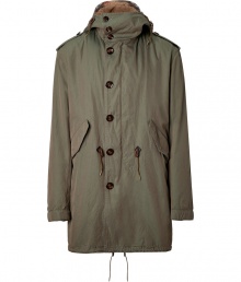 Keep your outerwear collection in line with Burberry Brits army-style drawstring coat, a trend-conscious choice for all four seasons - Stand-up collar, drawstring hood, long sleeves, elasticized cuffs, buttoned epaulettes, flap pockets, drawstring waistline, drawstring fishtail hemline - Loose fit, tailored at the waist with a drawstring - Wear with jeans, a cashmere pullover and leather lace-up boots