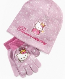 Special as a snowflake. This cold weather hat and gloves set from Hello Kitty keeps her cute and cozy this winter.