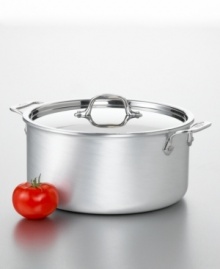 This ultimate 8 quart stock pot is perfect for simmering up succulent soups and savory sauces for the entire family, with leftovers to spare! 3-ply bonded construction with a handsome brushed aluminum exterior, pure aluminum core and an easy to clean stainless steel cooking service. Brushed stainless steel handle stays cool to the touch and secured with non-corrosive rivets. Polished stainless steel lid keeps in flavor. Hand washing recommended. Manufacturer's limited lifetime warranty.