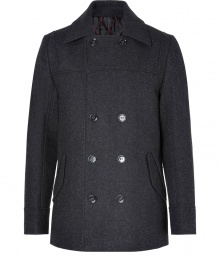 Sleek and stylish, Hugos charcoal pea coat is a timeless modern classic, destined to multi-season sophistication - Buttoned notched lapel, long sleeves, double-breasted button-down front, flap pockets, patchwork seaming, red stitching detail under collar, back vent, quilted lining - Classic straight fit - Pair with contemporary knitwear and chic winter boots