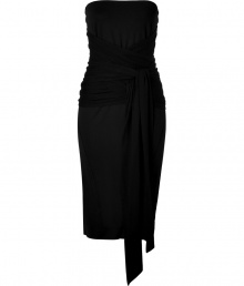 Luxurious dress in fine black rayon stretch - Wonderfully feminine bustier cut, with mega elegant wrapped, draped waist - The skirt has a typical pencil cut, tight and about knee length - Sophisticated and sexy, stylish and elegant, a dream of a dress for exciting evening events - Pair with booties, pumps, gladiator sandals