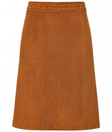 Channel effortless boho chic in LAgences super-supple lambskin skirt - Sumptuously soft, suede material in an elegant tawny brown - Classic A-line silhouette hits above at knee and flares gently at hem - Decorative braided trim cinches the waist - Zips at back - Simple yet sophisticated, perfect for pairing with tunic tops, tie neck blouses and slim cut button downs