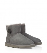 A stylish twist on a venerable classic, the UGG Australia grey Mini Bailey Button boot is a welcome addition to your cold weather casual wardrobe - Crafted from twin-faced sheepskin and featuring exposed seams, reinforced heel, traction outsole and signature Ugg label - Wooden button and elastic band closure - Fleece-lined for superior warmth and comfort - Newer, ankle-length height - Truly versatile, perfect for pairing with everything from skinny jeans to yoga pants to miniskirts