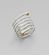 From the Spring Collection. A spiral of hammered sterling silver is richly capped with 24k yellow gold spheres.Sterling silver 24k yellow gold Imported