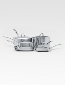 An elegant, professional-grade cookware set is manufactured with exclusive multi-ply construction, a specially designed combination of stainless steel and aluminum alloys for lifetime performance, durability, easy cleanup and even heat distribution. Set includes: 1.5-qt. sauce pan, 3-qt. sauce pan, 3-qt. saute pan, 8 fry pan, 11 fry pan, and 8-qt. 