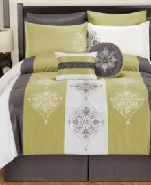 Vertical panels of green, white and gray are embellished with a lustrous sheen and delicate medallion motif in these Simone comforter sets. Two decorative pillows finish the set with pleated and tufted details for added depth in this classically simple look.