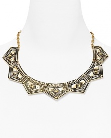 Belle Noel channels gypsy glamor with this plated collar necklace, cast in yellow gold with ornately engraved geometric stations. It's statement style for the Boho trope.