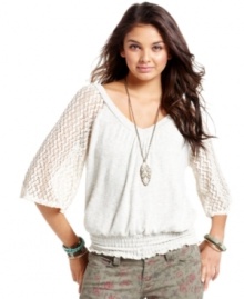 Crochet-knit bell sleeves and a slouchy-chic fit make this American Rag sweater undeniably cool.