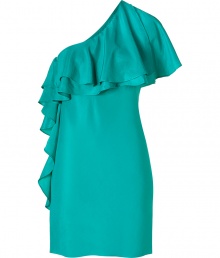 Luxurious dress in fine, cactus green cupro and Tencel - Wonderfully comfortable, lightweight - From New Yorks In label Halston Heritage, a tribute to the 70s design god Halston - Elegant one -shoulder cut, with glamorous, asymmetrical ruffled draping - Sexy mini length - Wonderfully soft, the dress clings to your body and molds a slender, alluring silhouette - Wear with sandals, peep toes or pumps