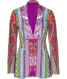 This ethnic-inspired Etro jacket offers bold hues and vibrant style - Notched collar, two-button closure, two flap pockets at waist, slim fit, all-over pattern, long fit - Pair with wide-leg trousers and a blouse for workweek attire or style with a sheath dress and heels for early evening cocktails