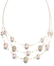 Dainty, delicate, and refined. Charter Club's three row illusion necklace highlights shimmery pink simulated pearls and sparkling glass fireballs. Set in gold tone mixed metal. Approximate length: 16 inches + 2-inch extender.