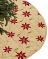 An elegant foundation for every tree, this elaborate gold tree skirt is embroidered with red poinsettia and vines of glistening sequins to enhance every holiday.