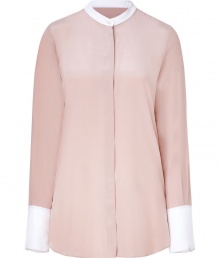 Elegant blouse in fine, pure pale pink silk - Ultra-soft, lightweight material drapes beautifully - Classic button down style with chic, triangular slit detail at back - Contrast stand-up collar and extra-long cuffs - Slim yet relaxed silhouette - Pair with a cropped trouser, a skinny leather pant or Bermuda shorts and sandals or ballet flats