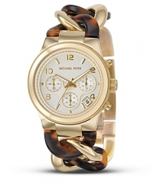 Keep track of time, beautifully in MICHAEL Michael Kors bracelet watch. Chronograph styling with champagne dial and goldplated and tortoise link bracelet strap.