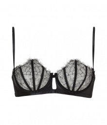 Luxurious underwire bra with fine, thin silk straps - Wonderfully stylish and elegant in alluring black and noble lace, with decorative, vertical stripes across cups - Flattering Balconette shape creates a flattering, conforming fit and a dream neckline that is stylish, sexy and seductive