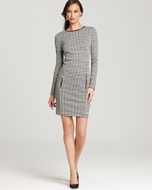 Silver-tone zip accents punctuate a plaid MICHAEL Michael Kors Petites dress for a pretty-in-punk look. Add some edge to the sleek style with a structured leather jacket.