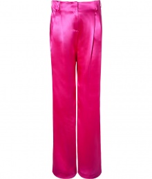 Take a radiant stance on style in Paul & Joes dazzling pink silk pants, tailored with a pleated front perfect for tucking in form-fitting tops or showcasing statement belts - Side and black slit pockets, hidden hook closure, belt loops - Easy liquid wide legged silhouette - Team with tissue tees and sky-high platforms, or wear with sharply cut blazers and streamlined nude accessories