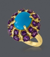 Elaborate design and a pop of color. This head-turning cocktail ring from CARLO VIANI® features turquoise (4-1/4 mm) surrounded by round-cut amethyst (3-1/3 ct. t.w.). Set in 14k gold. Size 7.