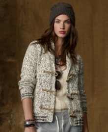 Denim & Supply Lauren Ralph Lauren's chunky knit cardigan is trimmed with wooden toggle closures and a cozy shawl collar for a down-to-earth look with an unexpected nautical edge.