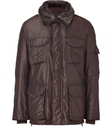 A modern take on the classic down jacket, this luxe version from Parajumpers adds undeniable style to your cold weather look - Faux-fur trimmed spread collar, concealed front placket, flap pockets at chest and waist, slim fit, logo patch at shoulder, water resistant - Wear with jeans, a cashmere pullover, and boots