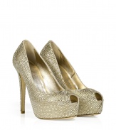 Add maximum glamour to your party-ready ensemble with these crystal embellished platform pumps from Le Silla - Front platform, peep-toe, high stiletto heel, all-over rhinestone embellishment - Wear with a tiered cocktail frock and a statement clutch