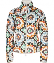 A fresh burst of color livens up a winter day with this mosaic ski jacket - Energizing multicolored pattern on quilted white synthetic fiber - Waisted cut, long, slim sleeves, high collar, full front zip and side zip pockets - Tapered cut for a flattering, feminine look - Wear on weekends away or on a chilly afternoon of errand-running