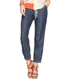 Elastic cuffs and a cropped silhouette give these jeans by DKNY Jeans modern attitude. Wear with a colorful loose blouse and a stack of bangles for laid-back polish.