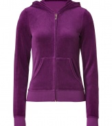 Finish off-duty looks on a chic note with Juicy Coutures royal magenta velour hoodie - Hooded, front zip closure, long sleeves, split kangaroo pocket - Slim fit - Pair with matching pants, favorite jeans, or mini-skirts