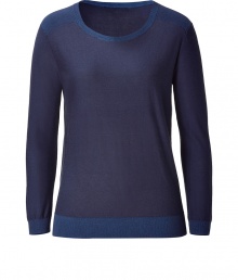 Versatile night blue and navy 3/4-sleeve sweater from Theyskens Theory - This downtown-cool sleeveless knit top is a must-have basic - Scoop neckline with contrasting trim and waistband and cuffs, 3/4-sleeves - Style with boyfriend jeans, a southwestern-print jacket, and high heel booties