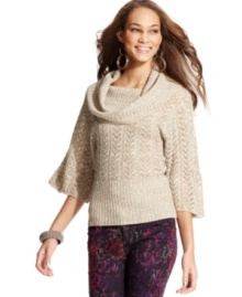 Slip into this comfy-cozy sweater from Dolled Up! Pointelle-knit design, three-quarter sleeves and an oversized cowl neck inspire warm thoughts.