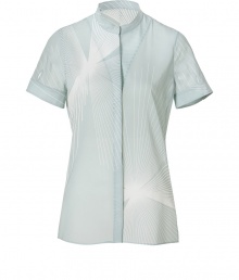 Luxurious blouse in fine, pale blue patterned cotton - Feminine and elegant with classical narrow waist, small collar, short sleeves and hidden button placket - Favorite top for the office when paired with a pencil skirt, sheer stockings and heels, or in your spare time with jeans and ballet flats