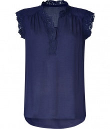 Delicate lace trim lends this midnight blue Ella Moss top its easy, feminine polish - Crafted from a soft, lightweight rayon - Slim, fluid cut, with lace embellishment at small, stand-up collar and half-sleeves - V-neck and gather detail at shoulders - Versatile and chic, ideal for any number of occasions - Pair with slim trousers, skinny jeans or pencil skirts