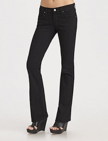 Stretch denim in a solid black wash is slim through the leg with a chic, bootcut opening.Narrow waistband with belt loops and button closure Front zipperSide pocketsBack patch pocketsInseam, about 2998% cotton/2% Lycra Machine wash Made in USA