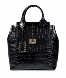 Inject ultra luxe style into your polished lady-chic look with Emilio Puccis jet black croco-embossed leather tote - Top carrying handles, front flap pocket with turn-lock closure, classic tote shape, logo embossed luggage tag with studded trim, inside top strap, zippered back wall pocket, two front wall slot pockets - Perfect for taking sophisticated days into evening elegance