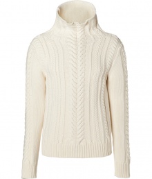 Anything but basic, this must-have wool sweater from Parisian cult label Balmain is a fall essential - Large turtleneck, long sleeves, front textured cable knit pattern, slim fit - Pair with jeans, slim trousers, or corduroys