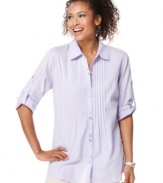 This laid-back shirt from Karen Scott features pintuck pleats at the chest and roll-tab sleeves for menswear-inspired panache.