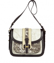 Add instant wow-factor to your look with this luxe mixed media bag from Michael Kors - Saddle bag style, front flap with buckle closure, shoulder strap, canvas with textured leather trim - Perfect for off-duty cool or paired with a cocktail-ready sheath