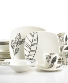 Stylized leaves in crisp black and white give the geometric shapes of Pietra dinnerware an added edge. Pattern differs from bowl to cup to plate for a look that always catches your eye.