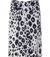 On-trend ivory and night animal print silk skirt from Ferragamo - Stand out in a crowd with this luxe-yet-edgy skirt - Pencil silhouette with a draped front detail and fun animal print - Pair with fishnets, a cashmere pullover, and platform heels