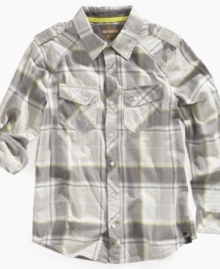 Refine his look with the traditional plaid of this double-pocket button-up shirt from Epic Threads.