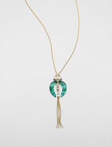 From the Lucite Teatro Moderne Collection. Two graceful cresents of hand-painted, hand-sculpted Lucite, with the rich coloration of malachite, are embellished with faceted Swarovski crystals that hold a golden chain tassel.CrystalLuciteGoldtoneChain length, about 32Lobster claspMade in USA