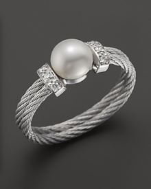 Charriol Stainless Steel Classique Pearl Ring with Diamonds, 0.05 ct. t.w.