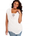 Drape yourself in the flattering fit of Seven7 Jeans' short sleeve plus size top, featuring an embellished inset.