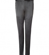 These classic trousers bring sophisticated flair to your stylish workweek look - Modern slim fit, front crease detail, fabric with metallic sheen, front zip and button closure, two front pockets, two back welt pockets with button - Style with a cashmere pullover, a slim fit blazer, and dress shoes