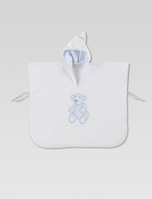 A hooded bath towel for baby with front teddy bear pouch and side ties for the ultimate snuggling.Attached hood with mini GG print liningSide tiesMatching storage bag91% cotton/9% polyamideMachine washImported