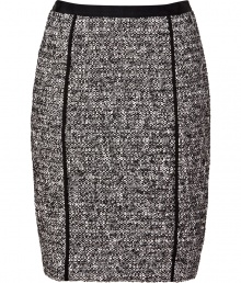 Work a lady-chic edge into your contemporary tailored look with DKNYs optical tweed skirt - Black trim, hidden back zip, kick pleat - Paneled, form-fitting silhouette - Team with blazers, feminine tops, and chic streamlined accessories